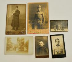 cca 1900-1910 Vegyes fotó tétel, 6 db, (fotó, keményhátú fotó, fotólap vegyesen,)katona fotók, közte egy trombitás postás fotójával, 5x8 cm és 16x10 cm közötti méretben.