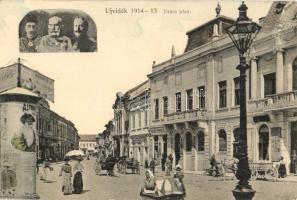 Újvidék, Novi Sad; Duna utca, hirdetőoszlop, Ferenc József, II. Vilmos és V. Mehmed / street view, advertising column, Franz Joseph, Wilhelm II, Mehmed V