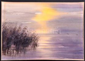 Nemes Tibor (1955-): Alkonyat a Balatonon. Akvarell, papír, jelzett, 33×47 cm