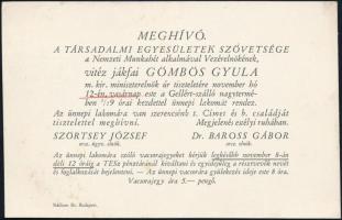 cca 1935 Meghívő Gömbös Gyula tiszteletére rendezett vacsorára.