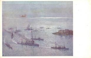 Seits: Gefecht in der Otrantostrasse am 15. Mai 1917. Einlaufen nach dem Gefecht / WWI K.u.K. Kriegsmarine, Naval battle of Otranto
