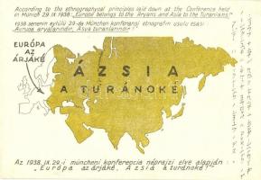 1938 Európa az árjáké, Ázsia a turánoké! A Magyarországi Turáni Szövetség kiadása / Hungarian irredenta postcard