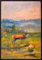 Baky Albert (1868-1944): Szarvasbőgés. Olaj, karton, jelzett, 30×20 cm