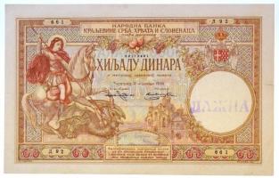 Szerb-Horvát-Szlovén Királyság 1920. 1000D korabeli hamisítvány, LAZNA (HAMIS) felülbélyegzéssel, nyomtatott sorszámmal és vízjellel, hajtatlan T:II jobb oldalon 7mm-es szakadás Kingdom of Serbs, Croats and Slovenes 1920. 1000 Dinara contemporary fake banknote with LAZNA (FALSE) overprint, with printed serial and watermark, unfolded C:XF 7mm tear on the right side Krause 23.x2