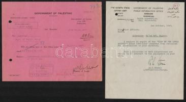 1930-1947 Vegyes papírrégiség tétel, Palesztinából, angol nyelven, 4 db/ 4 pieces of documents from ...