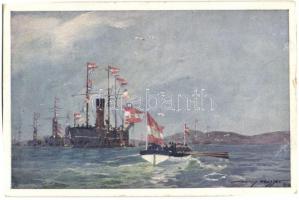 Die Seeschlacht bei Lissa. Flaggengala im Hafen von Lissa / WWI K.u.K. Kriegsmarine, Österr. Flottenverein Nr F. 112. s: Harry Heusser