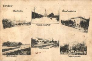 Budapest XXIII. Soroksár, községház, Molnársziget, takarékpénztár, állami népiskola, Villa Gubacs, Ferenc József tér. Hátoldalon Meghívó a Soroksári Atlétikai Club 1924. évi Sport-Bálra (fl)