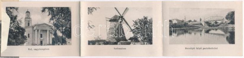 Mezőtúr, Kossuth tér, templom. leporellolap szélmalommal, bazárral és vasútállomással belül (fl)