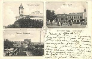 Nagytapolcsány, Topolcany; Római katolikus templom, Fő tér, Tavarnoki cukorgyár / church, main square, sugar factory, Art Nouveau  (fl)