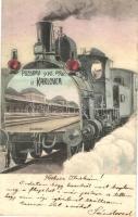 Károlyváros, Karlovac; Kolodvor / Vasútállomás, gőzmozdonyos montázslap / railway station, locomotive montage postcard