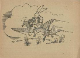 II. Világháborús Húsvéti Tábori postai levezelőlap. Nyúl pilóta repülőn / WWII Hungarian field post. easter greeting with rabbit pilot