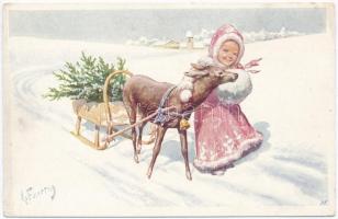 4 db RÉGI Feiertag szingós művészlap gyerekekkel / 4 pre-1945 art postcards with children signed by ...