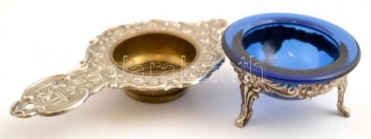 Dekoratív fém szűrő, fémtalpas üveg tartóval, 12×7×4 cm