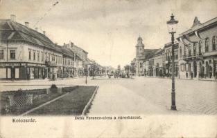 Kolozsvár, Cluj; Deák Ferenc utca, városháza, Tamási Tamás és fia üzlete / street view with shops, town hall (EK)