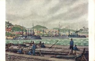 Vladivostok, Zlaty roh / Gold Corners Bay with torpedo boats. Památník Odboje Czechoslovakian Legion s: Vlcek
