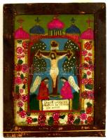 Jelzés nélkül: Erdélyi festett üveg ikon, megviselt fa keretben, / Transylvanian painted glass icon with Romanian inscription in worn frame 37x45 cm