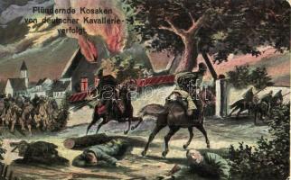 Plündernde Kosaken von deutscher Kavallerie verfolgt / K.u.K. military art postcard. Plundering Cossacks followed by German cavalry (wet damage)