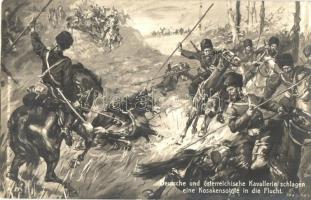 Deutsche und österreichische Kavallerie schlagen eine Kosakensotnie in die Flucht / K.u.K. military art postcard. Cossack