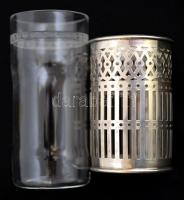 Ezüst (Ag.) áttört szélű váza üveg betéttel, jelzett, hibátlan, nettó: 38 g, m:8 cm