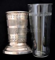 Ezüst (Ag.) áttört szélű váza, üveg betéttel, jelzett, hibátlan, nettó: 96 g, m:12 cm