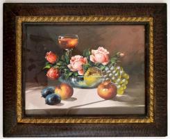Jelzés nélkül: Asztali csendélet. Gouache, papír, üvegezett keretben, 25×34 cm