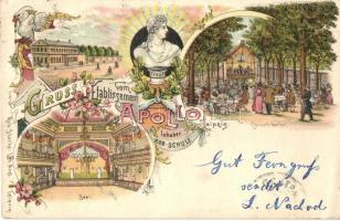 1898 Leipzig, Gruss vom Etablissement Apollo, Concert Garten, Saal, Haus und Colonade / Rob Starkes Art Nouveau, floral, litho (small tear)