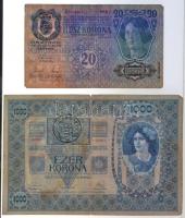 1902. 1000K + 1913. 20K II. kiadás, mindkettő román felülbélyegzéssel T:III,III-