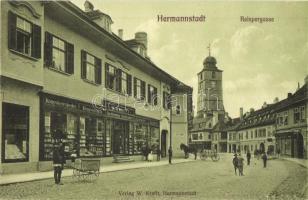Nagyszeben, Hermannstadt, Sibiu; Reispergasse / utcakép, W. Kraft könyvkereskedése és saját kiadása / street view with book printing shop
