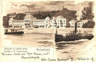 Budapest II. Császár és Lukács fürdő. gőzhajó. F. Videéki litho