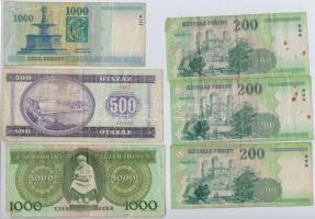 9db-os vegyes magyar forint bankjegy tétel, közte 1990. 500Ft, 1996. 1000Ft "E", 1999. 100...