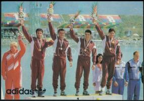 1988 Adidas reklámlap a szöuli olimpiai bajnok magyar kajak négyessel, 10,5x14 cm