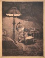 Gimes Lajos (1886-1945): Interieur. Rézkarc, papír, foltos, üvegezett keretben, 17×13 cm
