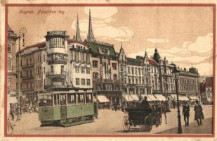 Zagreb, Jelacicev trg / square, shops of G. Poppovic and J. Fuchs, savings bank, Anker, tram (small tear)