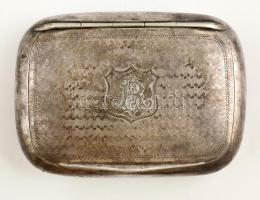 Ezüst (Ag.) szelence tartó, monogrammal, gravírozott,apró horpadással, jelzett, 8×5 cm, nettó:91 g