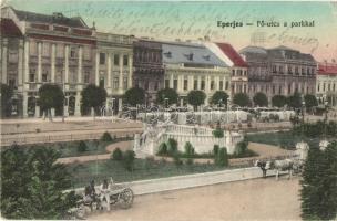 Eperjes, Presov; Fő utca, park, piac, gyógyszertár / main street with market, pharmacy
