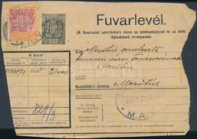 1924 16 db 50K okmánybélyeg fuvarlevél darabon "SOMOSKŐUJFALU MÁV" bélyegzéssel