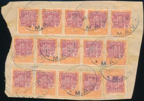 1924 16 db 50K okmánybélyeg fuvarlevél darabon "SOMOSKŐUJFALU MÁV" bélyegzéssel