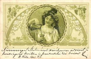 Wein / Wine, Art Nouveau lady, art postcard, litho (EK)