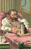 Sick man in bed with beer as a medicine, humour, litho