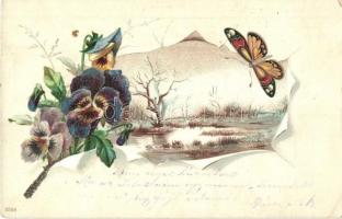 Landscape with butterflies and violets. decorated litho (EK)