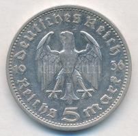 Német Harmadik Birodalom 1936D 5M Ag "Hindenburg" T:2 German Third Reich 1936DE 5 Mark Ag ...