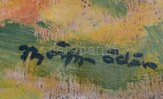 Márffy jelzéssel: Házak az útnál. Olaj, falemez, sérült, 32×46 cm