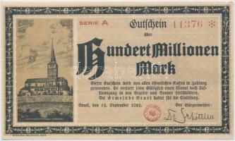 Németország / Weimari Köztársaság / Beuel 1923. 100.000.000M szükségpénz vízjeles papíron T:I,I- Germany / Weimar Republic / Beuel 1923. 100.000.000 Mark necessity note on watermarked paper C:UNC,AU