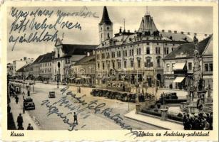 Kassa, Kosice; Fő utca, Andrássy palota, villamos, drogéria / main street, palace, tram, shops, pharmacy