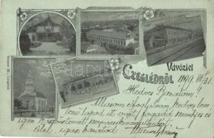1899 Cegléd, Városi vigadó, városháza, vasútállomás, római katolikus iskola és templom. Floral, Art Nouveau (EK)
