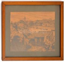 Olvashatatlan jelzéssel: Falusi utca, ceruza, papír, üvegezett fa keretben, 22,5×29 cm