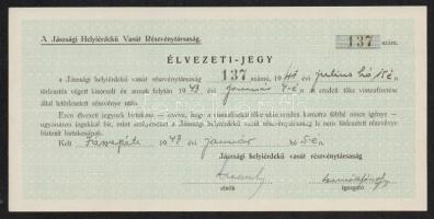 Jászladány 1911. "Jászsági Helyi Érdekű Vasút Részvénytársaság" részvény 200K-ról + a rész...