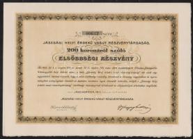 Jászladány 1911. "Jászsági Helyi Érdekű Vasút Részvénytársaság" részvény 200K-ról (3x) sor...