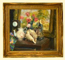 Klimó István (1883-1961): Csendélet. Tempera, karton, jelzett, keretben, 70×80 cm