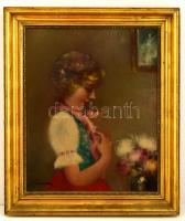 Pirhalla Nándor (1884-?): Kislány a virágcsokornál. Olaj, vászon, jelzett, keretben, 50×40 cm